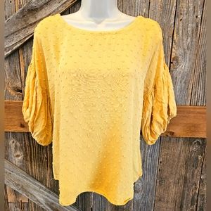 Mine Brand Blouse Puff Sleeve Textured Polka Dot Sunflower Yellow Fall Small ^^